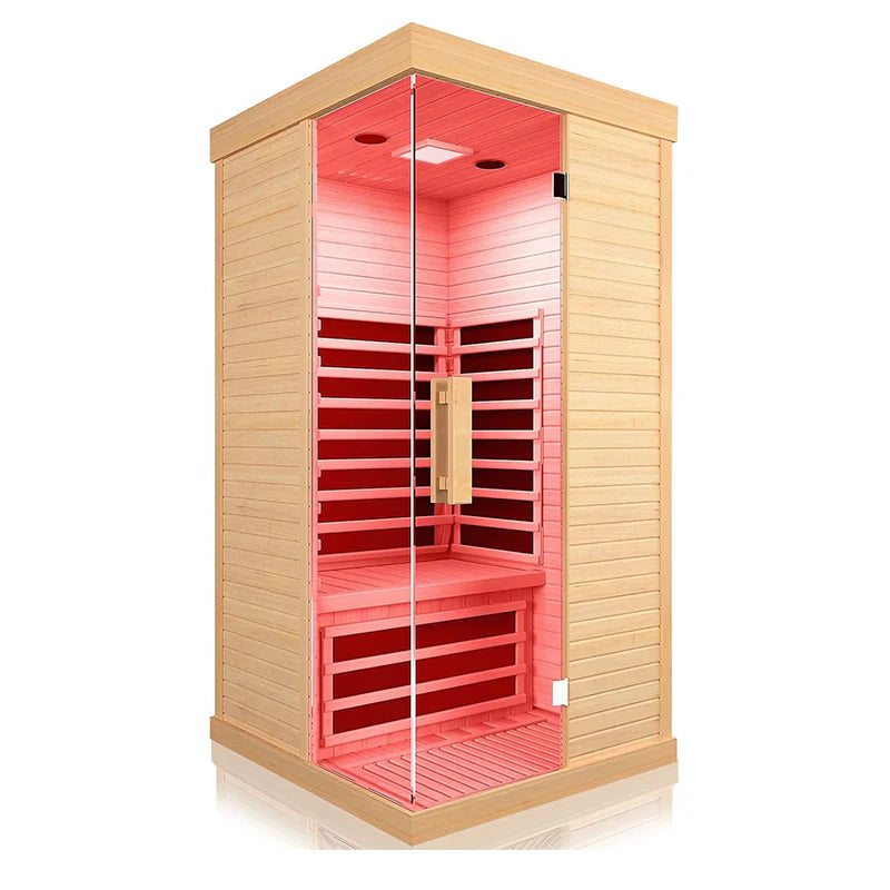 Hosauna HK1 Sauna Room Indoor Far Infrared Saunas Home Canadian Hemlock 1420W Low-EMF Dry Saunas Single Person Spa with Oxygen Bar 7 Color Therapy 33.5 * 33.5 * 70.8 inch