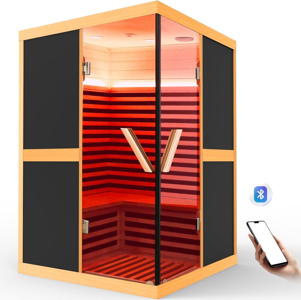 Hosauna T-52D2 2 Person Sauna Infrared Saunas APP Control 7 Color Light 1980W Wooden Home Spa Room Canadian Hemlock Wood Low-EMF Indoor Saunas 47.2 * 47.2 * 75.6inch