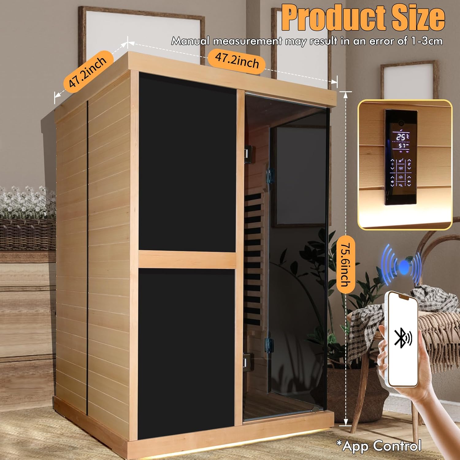 Hosauna T-52D2 2 Person Sauna Infrared Saunas APP Control 7 Color Light 1980W Wooden Home Spa Room Canadian Hemlock Wood Low-EMF Indoor Saunas 47.2 * 47.2 * 75.6inch