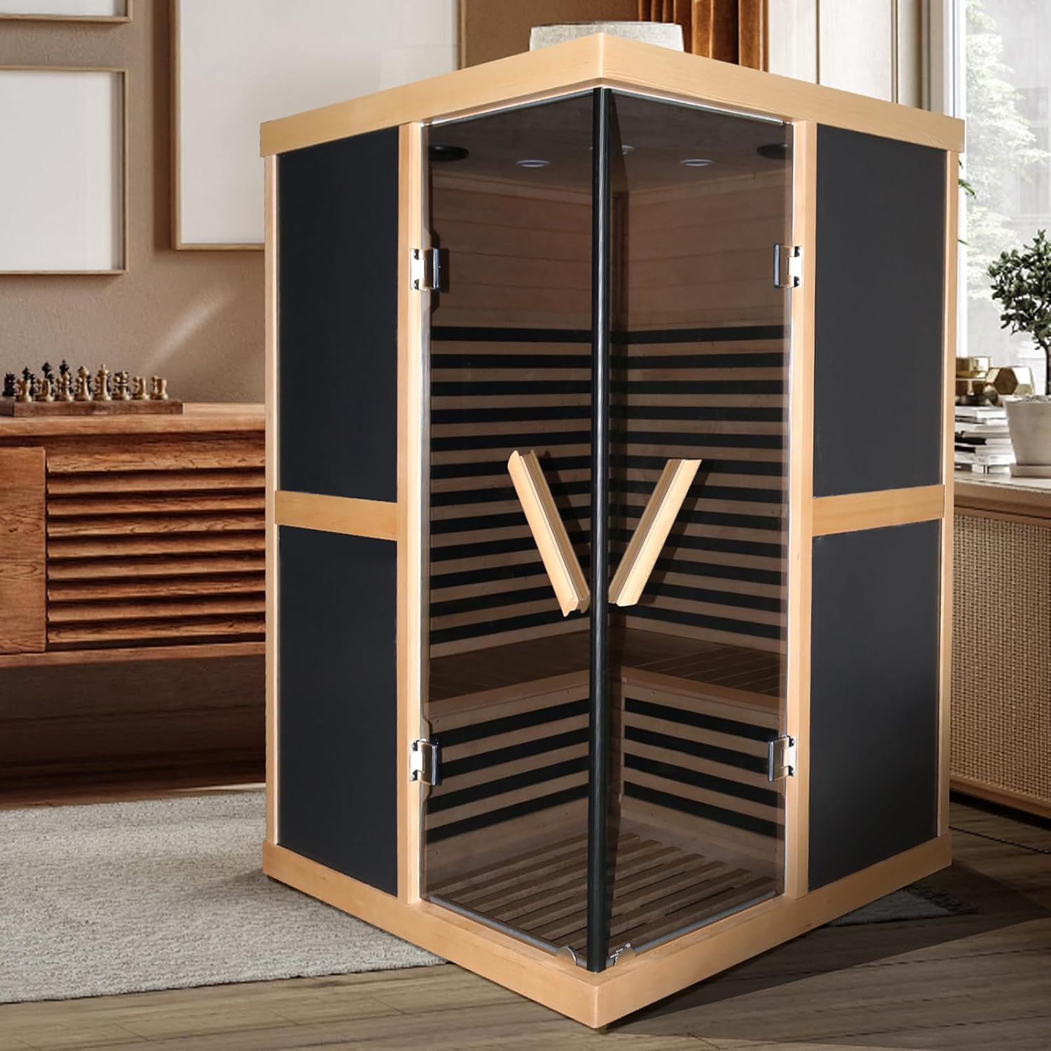 Hosauna T-52D2 2 Person Sauna Infrared Saunas APP Control 7 Color Light 1980W Wooden Home Spa Room Canadian Hemlock Wood Low-EMF Indoor Saunas 47.2 * 47.2 * 75.6inch