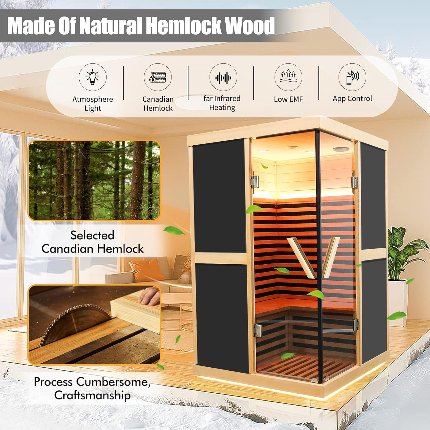 Hosauna T-52D2 2 Person Sauna Infrared Saunas APP Control 7 Color Light 1980W Wooden Home Spa Room Canadian Hemlock Wood Low-EMF Indoor Saunas 47.2 * 47.2 * 75.6inch