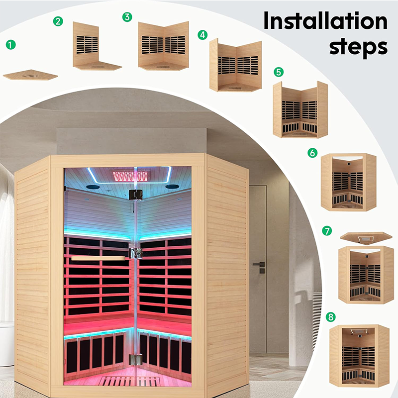 Hosauna HK4 4 Person Saunas Far Infrared Corner Sauna 2405W 240V Room Home Canadian Hemlock Indoor Low-EMF Dry Saunas with Beauty Largerow Lamp Oxygen Bar 59 * 59 * 74.8inch