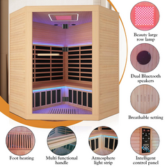 Hosauna HK4 4 Person Saunas Far Infrared Corner Sauna 2405W 240V Room Home Canadian Hemlock Indoor Low-EMF Dry Saunas with Beauty Largerow Lamp Oxygen Bar 59 * 59 * 74.8inch