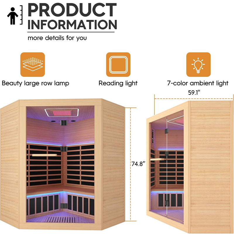 Hosauna HK4 4 Person Saunas Far Infrared Corner Sauna 2405W 240V Room Home Canadian Hemlock Indoor Low-EMF Dry Saunas with Beauty Largerow Lamp Oxygen Bar 59 * 59 * 74.8inch