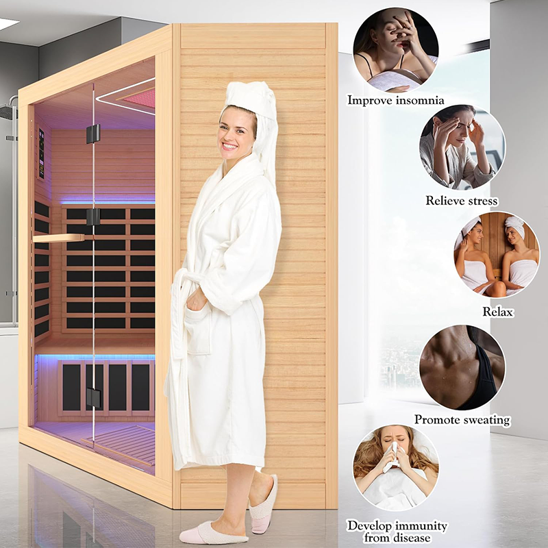 Hosauna HK4 4 Person Saunas Far Infrared Corner Sauna 2405W 240V Room Home Canadian Hemlock Indoor Low-EMF Dry Saunas with Beauty Largerow Lamp Oxygen Bar 59 * 59 * 74.8inch