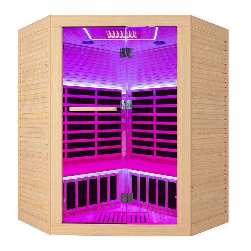 Hosauna HK4 4 Person Saunas Far Infrared Corner Sauna 2405W 240V Room Home Canadian Hemlock Indoor Low-EMF Dry Saunas with Beauty Largerow Lamp Oxygen Bar 59 * 59 * 74.8inch