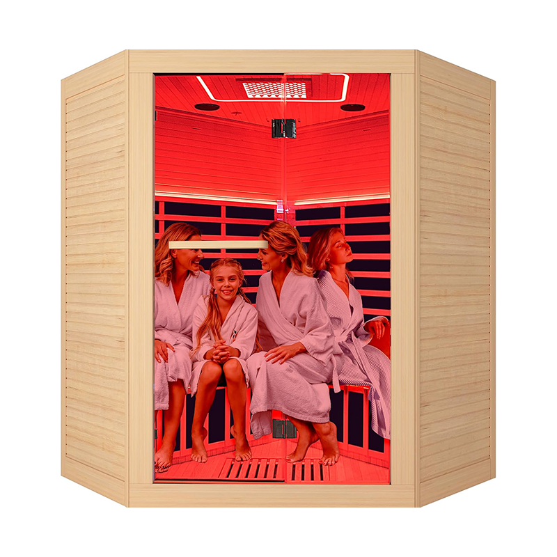 Hosauna HK4 4 Person Saunas Far Infrared Corner Sauna 2405W 240V Room Home Canadian Hemlock Indoor Low-EMF Dry Saunas with Beauty Largerow Lamp Oxygen Bar 59 * 59 * 74.8inch