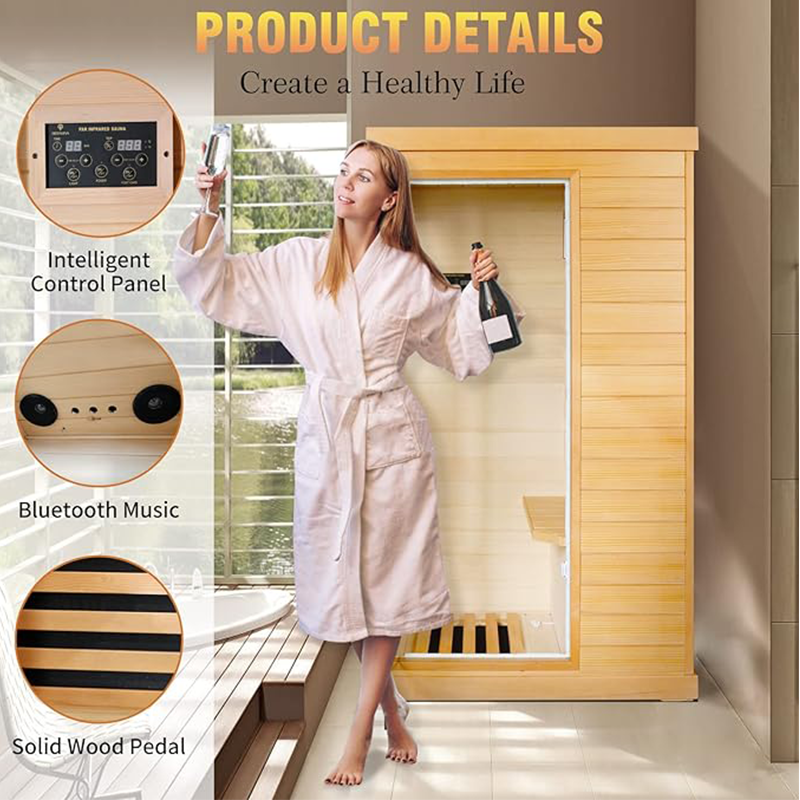 Hosauna T-50C Far Infrared Sauna Home Sauna Spa Room Canadian Hemlock Wood 800W Indoor Saunas 110V with Control Panel and Tempered Glass Door, Room: 35.2 * 27.6 * 61.6Inch