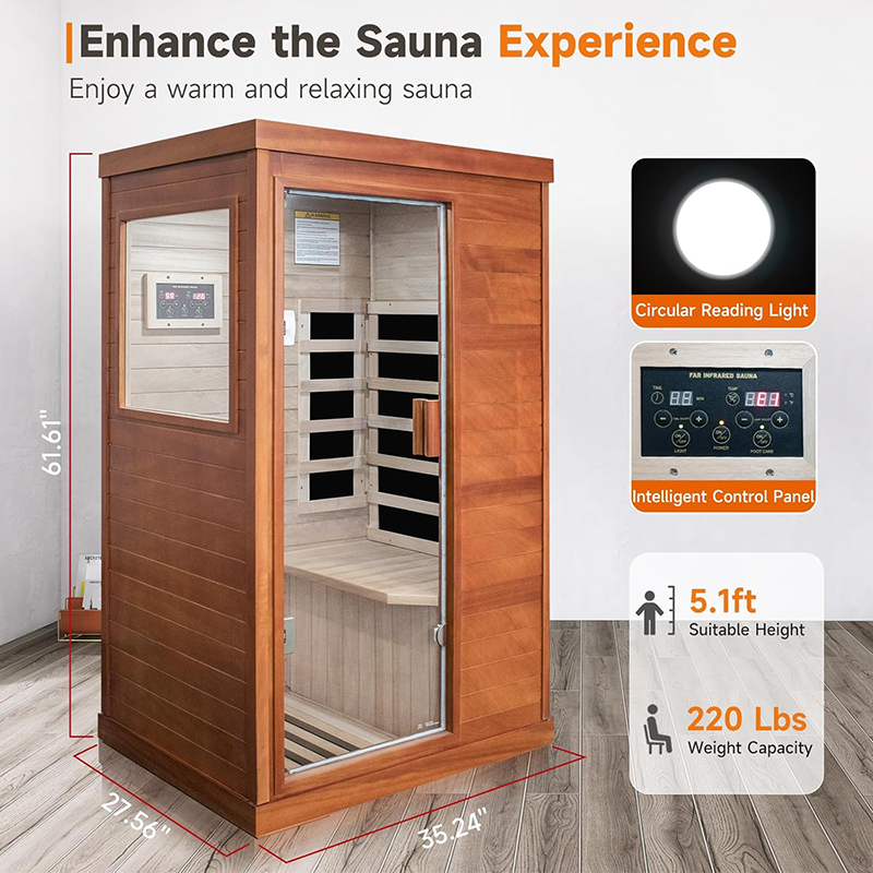 Hosauna T-50C3 Far Infrared Sauna Home Sauna Spa Room Low-EMF Wood 800W Indoor Saunas with Control Panel and Tempered Glass Door, Room:35.2 * 27.6 * 61.6Inch