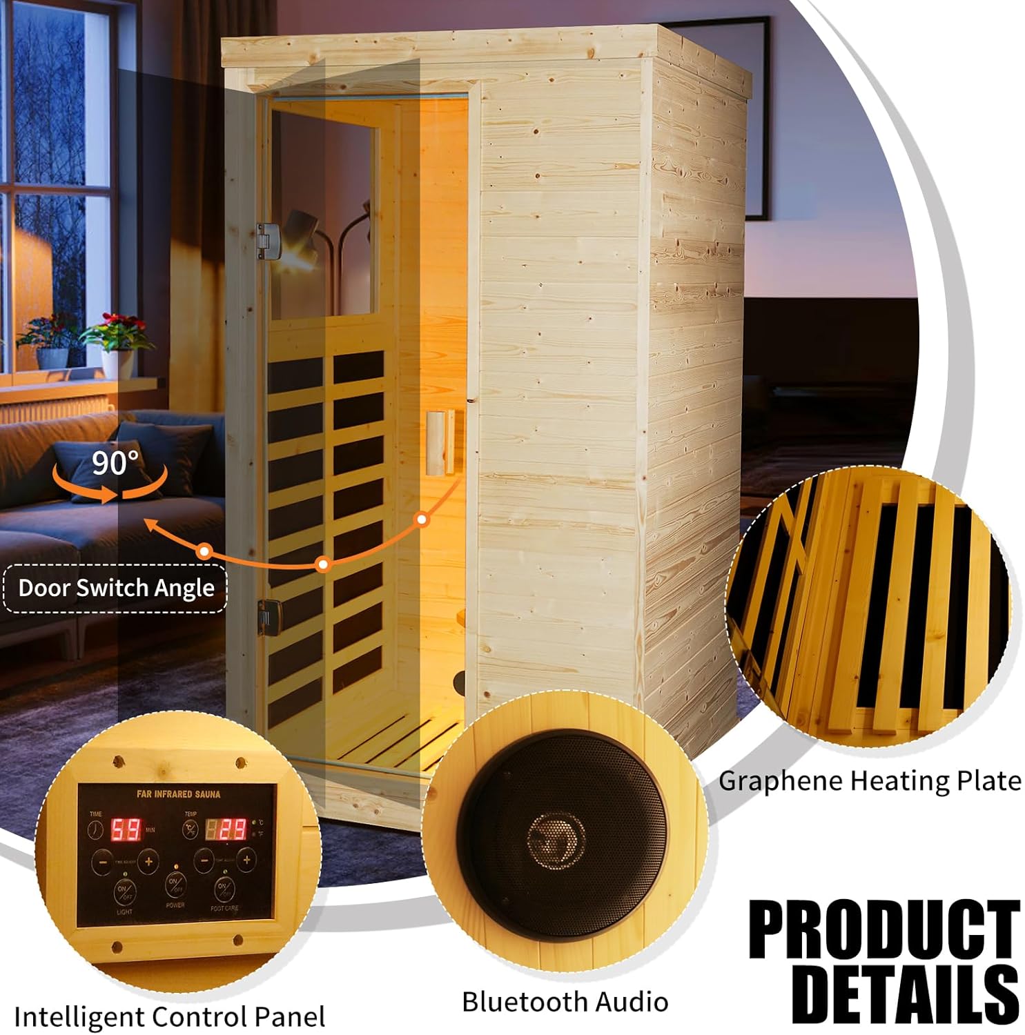 Hosauna T-50C2 Far Infrared Wooden Sauna Room Home Sauna Spa Dry Saunas Single Person Spa Finland Spruce Wood fit for 7ft Person