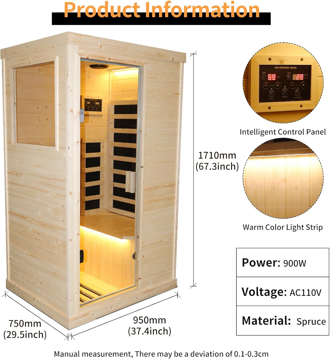 Hosauna T-50C2 Far Infrared Wooden Sauna Room Home Sauna Spa Dry Saunas Single Person Spa Finland Spruce Wood fit for 7ft Person