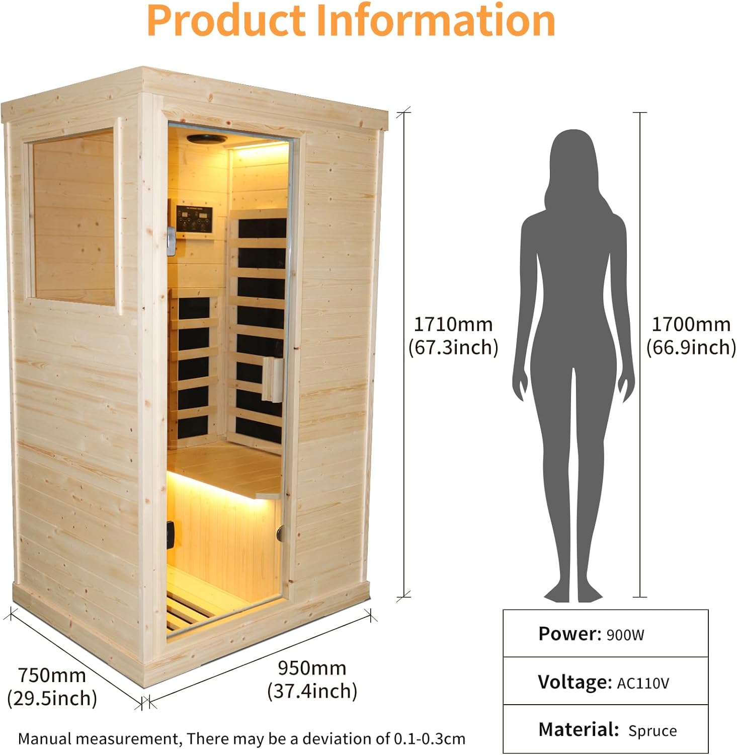 Hosauna T-50C2 Far Infrared Wooden Sauna Room Home Sauna Spa Dry Saunas Single Person Spa Finland Spruce Wood fit for 7ft Person