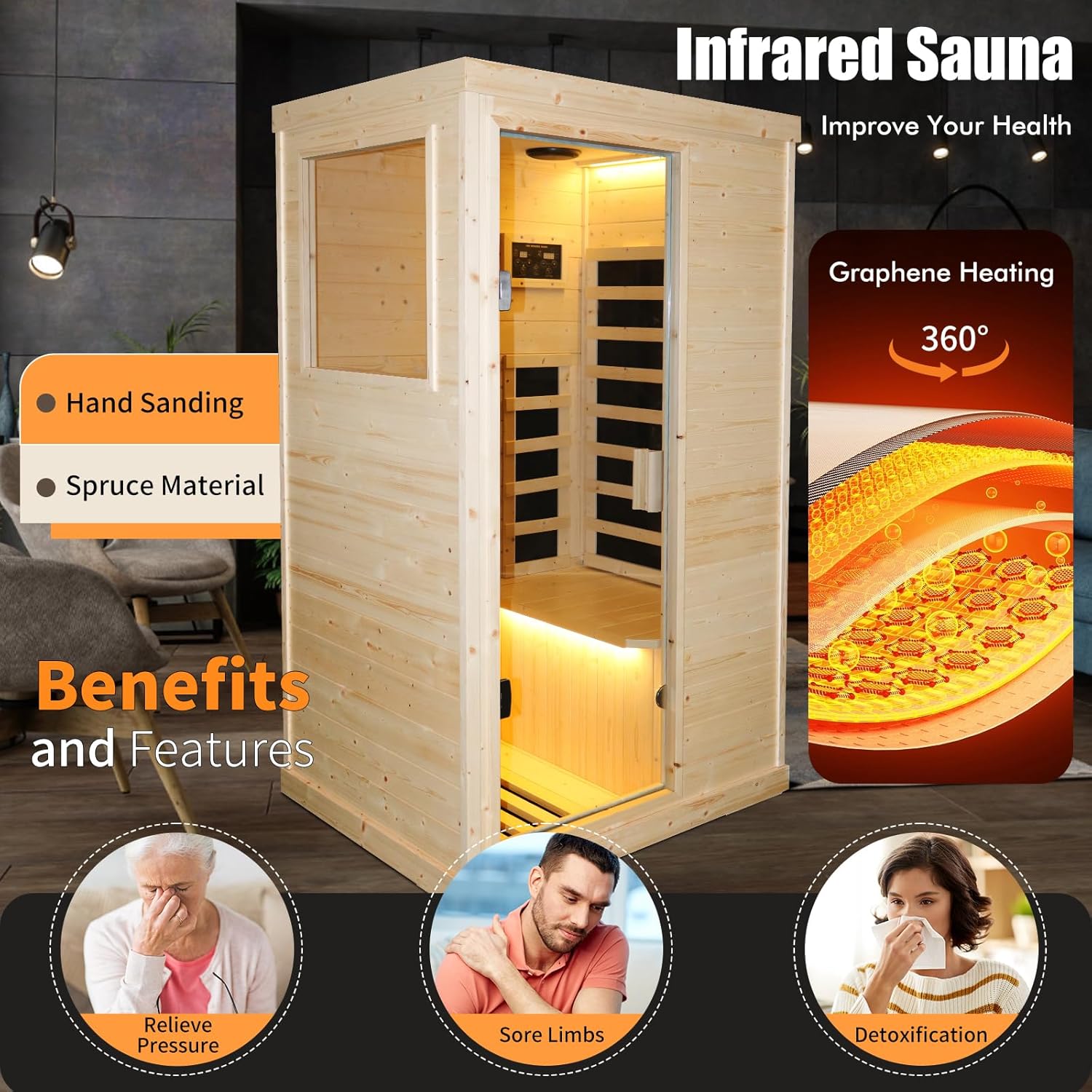 Hosauna T-50C2 Far Infrared Wooden Sauna Room Home Sauna Spa Dry Saunas Single Person Spa Finland Spruce Wood fit for 7ft Person