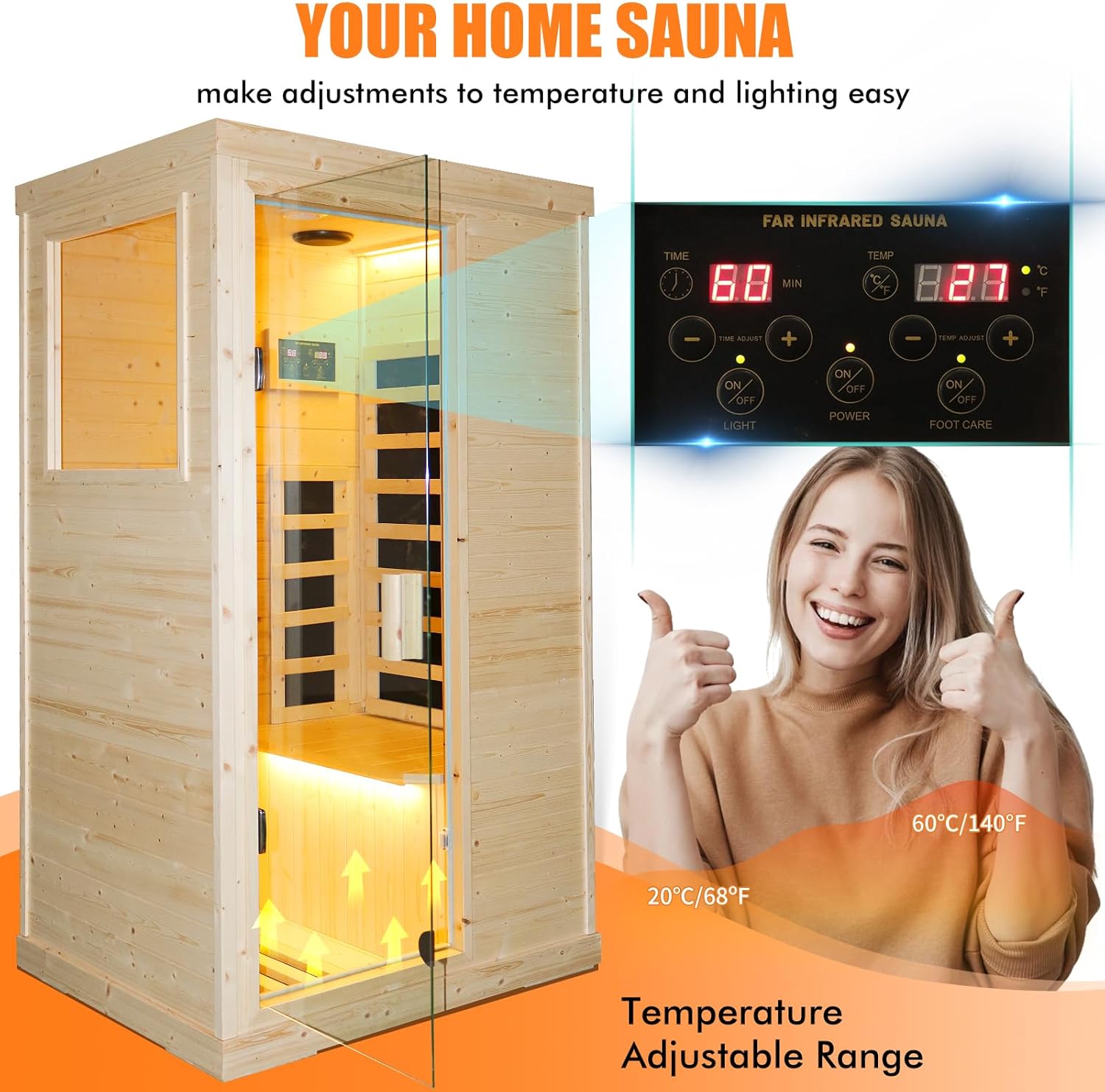 Hosauna T-50C2 Far Infrared Wooden Sauna Room Home Sauna Spa Dry Saunas Single Person Spa Finland Spruce Wood fit for 7ft Person