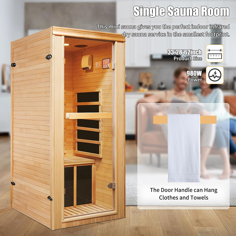 Hosauna HY1 Infrared Sauna Room Indoor Saunas Home Canadian Hemlock 980W Low-EMF Dry Saunas Single Person Spa with Oxygen Bar 33 * 28 * 62 inch