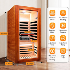 Hosauna HM1 Infrared Sauna for Home Indoor Sauna Wooden Dry Sauna Room Low EMF 1080W for 1 Person with Control Panel, Bluetooth Speaker, Reading Lamp