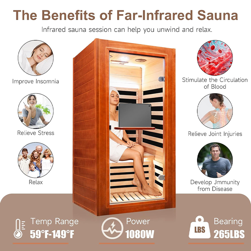 Hosauna HM1 Infrared Sauna for Home Indoor Sauna Wooden Dry Sauna Room Low EMF 1080W for 1 Person with Control Panel, Bluetooth Speaker, Reading Lamp