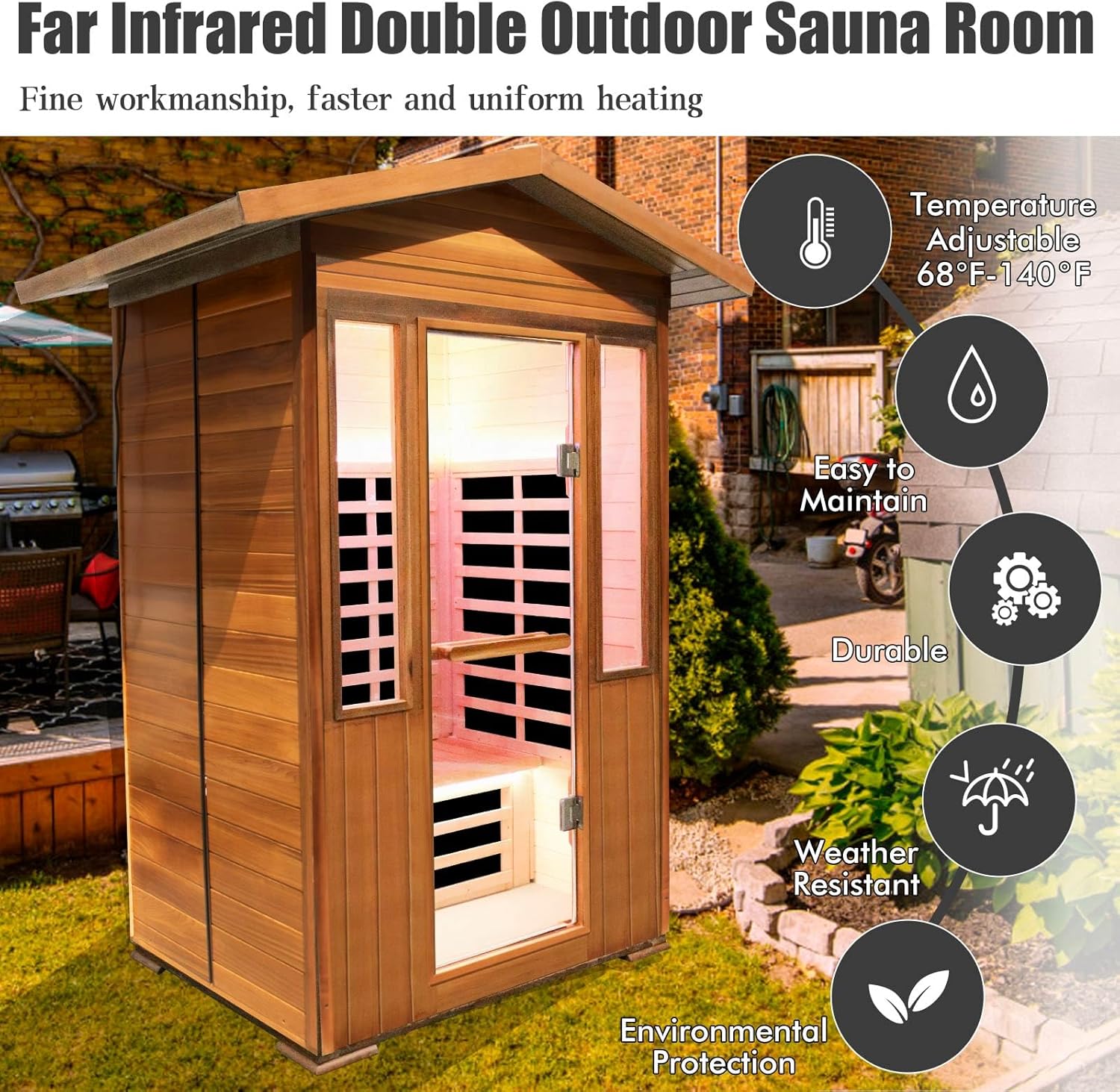 Hosauna T-59C3 Outdoor Sauna 2 Person Sauna Infrared Saunas Dry Sauna Room Red Cedar and Canadian Hemlock Wood Wooden Sauna Spa 1800W APP Control 7 Color Light 48.8 * 37 * 87.4inch