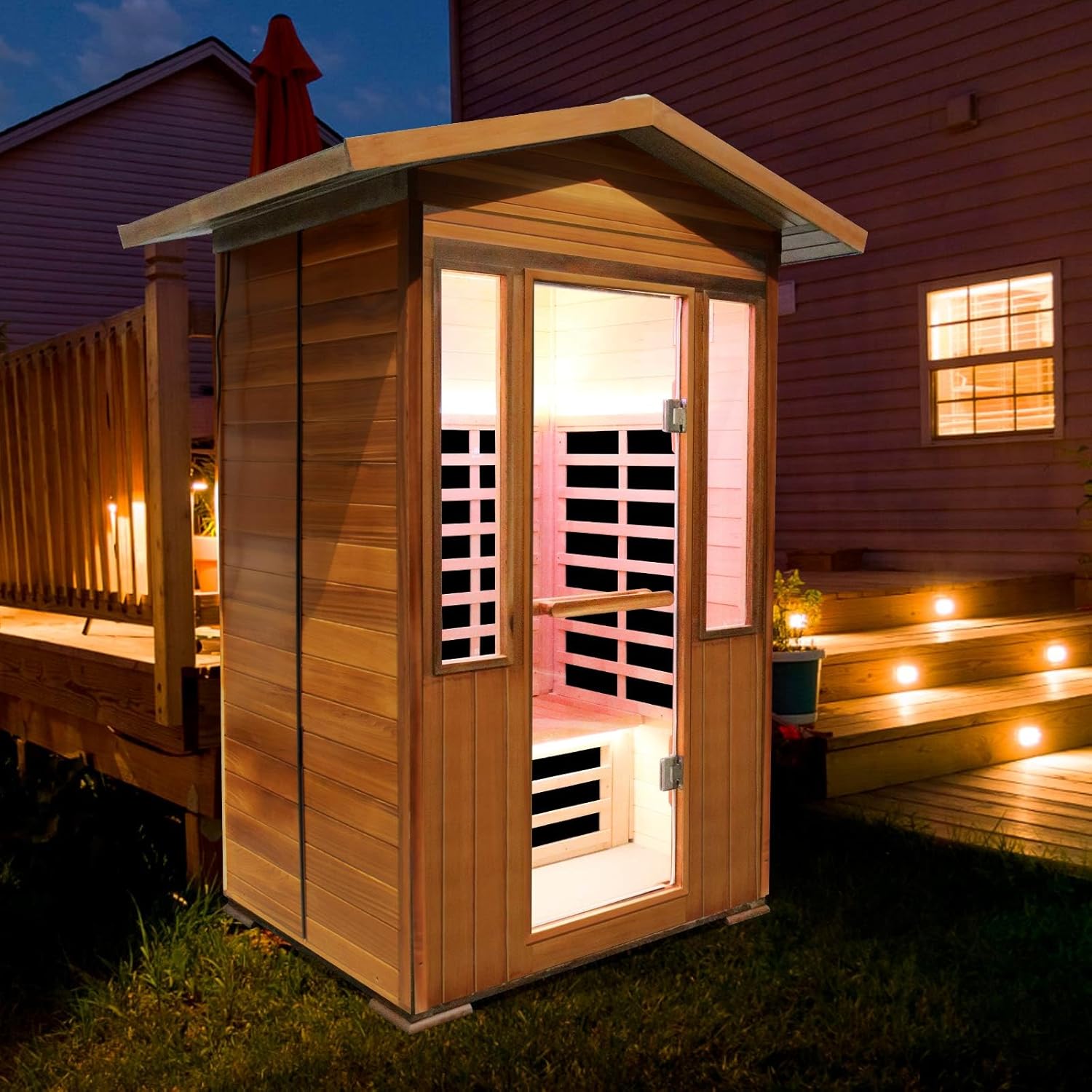 Hosauna T-59C3 Outdoor Sauna 2 Person Sauna Infrared Saunas Dry Sauna Room Red Cedar and Canadian Hemlock Wood Wooden Sauna Spa 1800W APP Control 7 Color Light 48.8 * 37 * 87.4inch