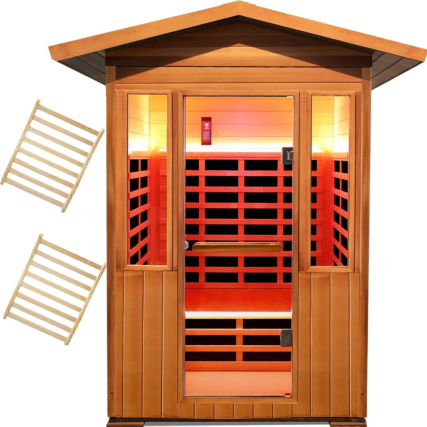 Hosauna T-59C3 Outdoor Sauna 2 Person Sauna Infrared Saunas Dry Sauna Room Red Cedar and Canadian Hemlock Wood Wooden Sauna Spa 1800W APP Control 7 Color Light 48.8 * 37 * 87.4inch