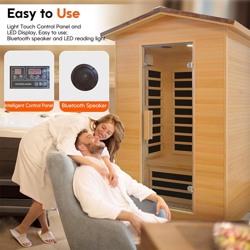 Hosauna HY2 Outdoor Sauna Far Infrared Saunas Dry Sauna Room Canadian Hemlock Wood Wooden Sauna Spa 1950W Low-EMF with Cup Holder and Towel Rack for Two Person 47 * 39 * 82inch