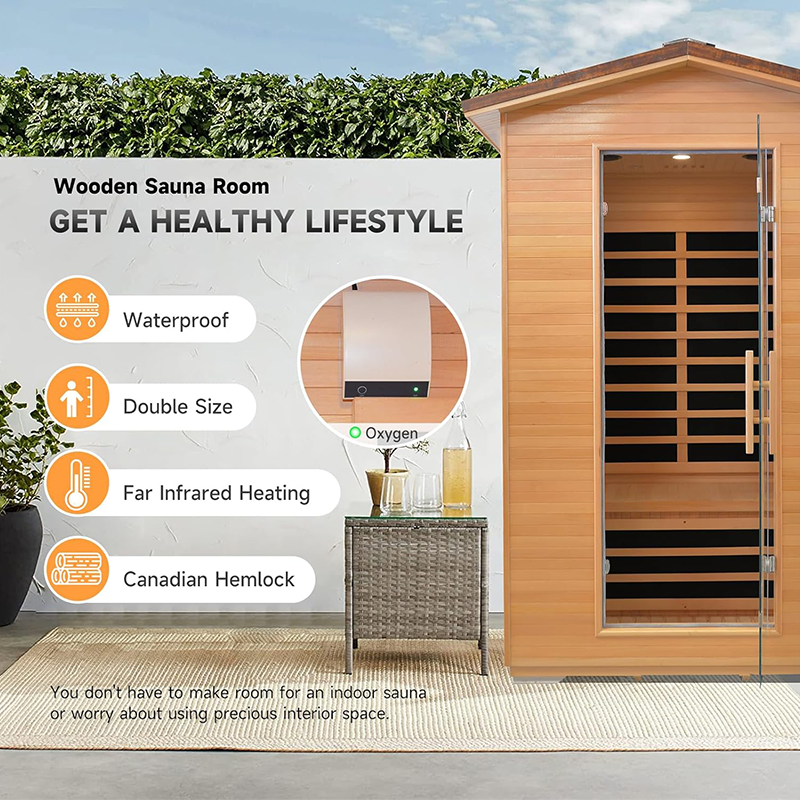 Hosauna HY2 Outdoor Sauna Far Infrared Saunas Dry Sauna Room Canadian Hemlock Wood Wooden Sauna Spa 1950W Low-EMF with Cup Holder and Towel Rack for Two Person 47 * 39 * 82inch