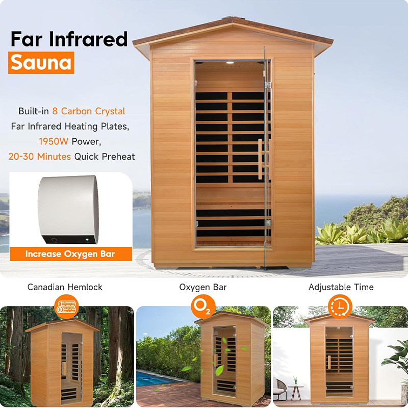 Hosauna HY2 Outdoor Sauna Far Infrared Saunas Dry Sauna Room Canadian Hemlock Wood Wooden Sauna Spa 1950W Low-EMF with Cup Holder and Towel Rack for Two Person 47 * 39 * 82inch