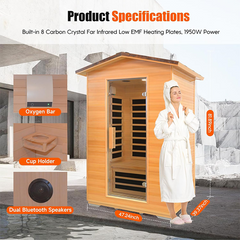 Hosauna HY2 Outdoor Sauna Far Infrared Saunas Dry Sauna Room Canadian Hemlock Wood Wooden Sauna Spa 1950W Low-EMF with Cup Holder and Towel Rack for Two Person 47 * 39 * 82inch