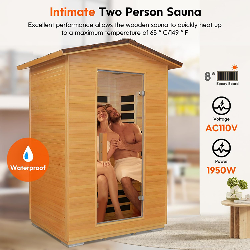 Hosauna HY2 Outdoor Sauna Far Infrared Saunas Dry Sauna Room Canadian Hemlock Wood Wooden Sauna Spa 1950W Low-EMF with Cup Holder and Towel Rack for Two Person 47 * 39 * 82inch