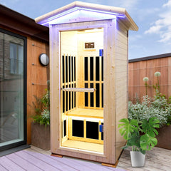 Hosauna T-59C2 Outdoor Sauna Wooden Far Infrared Saunas Spa 1300W Low-EMF Dry Sauna Room for One Person Finland Spruce Wood