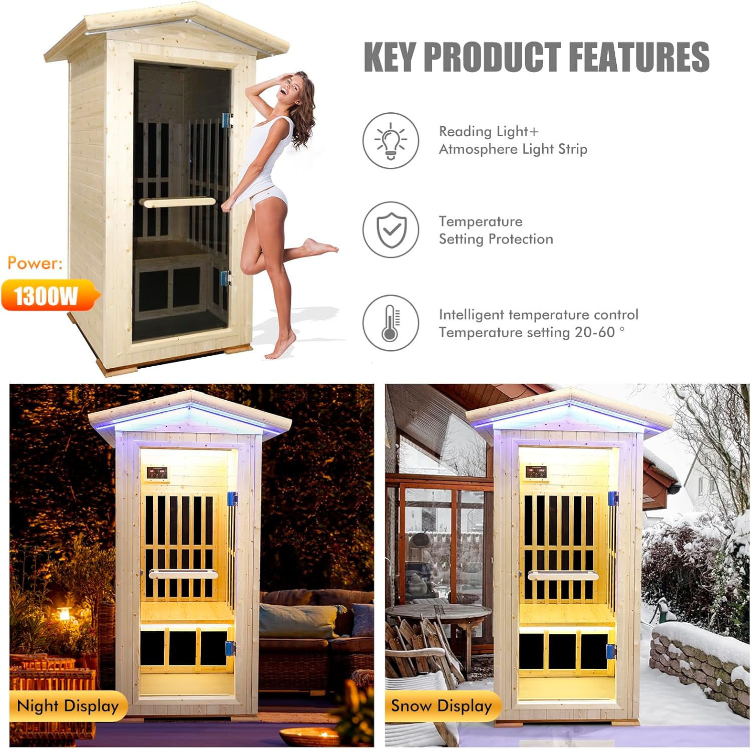 Hosauna T-59C2 Outdoor Sauna Wooden Far Infrared Saunas Spa 1300W Low-EMF Dry Sauna Room for One Person Finland Spruce Wood