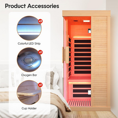 Hosauna HK1 Sauna Room Indoor Far Infrared Saunas Home Canadian Hemlock 1420W Low-EMF Dry Saunas Single Person Spa with Oxygen Bar 7 Color Therapy 33.5 * 33.5 * 70.8 inch