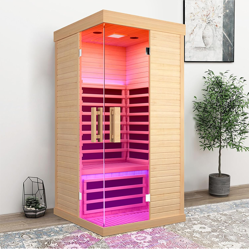 Hosauna HK1 Sauna Room Indoor Far Infrared Saunas Home Canadian Hemlock 1420W Low-EMF Dry Saunas Single Person Spa with Oxygen Bar 7 Color Therapy 33.5 * 33.5 * 70.8 inch