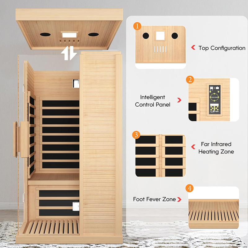 Hosauna HK1 Sauna Room Indoor Far Infrared Saunas Home Canadian Hemlock 1420W Low-EMF Dry Saunas Single Person Spa with Oxygen Bar 7 Color Therapy 33.5 * 33.5 * 70.8 inch